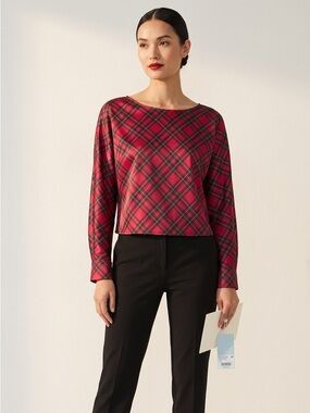 Antonio Melani Wov Blyss Satin Red Tartan Plaid Top Blouse NWT Size M RP$79
